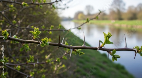 Close-up of a thorny branch with new spring leaves by a river