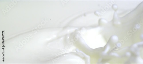 Slow motion almonds falling into milk. Milky splash