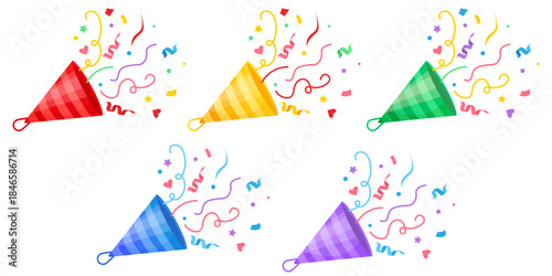 Vector cartoon image of a festive party popper with confetti. Concept for birthdays, Christmas, New Years, and other celebrations. Element for your design.
