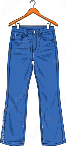 Blue jeans pants illustration hanging on wooden hanger casual denim clothing isolated on white background fashion apparel design