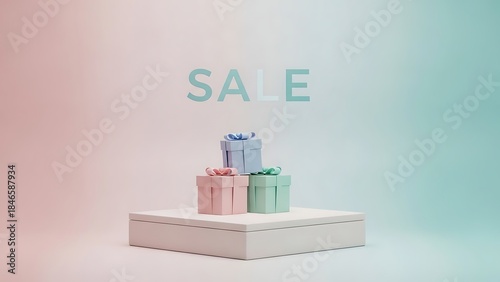 Stack of pastel gift boxes on a white podium with a sale announcement
