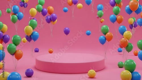 A festive scene with a pink podium and colorful balloons on a pink background