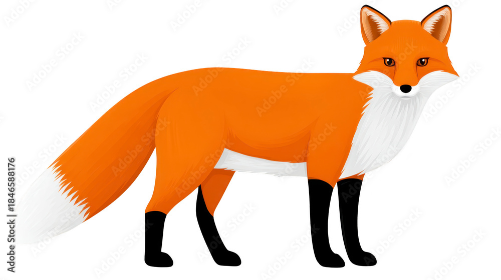 Obraz premium Red fox illustration standing with bushy tail orange fur white chest black legs and alert expression isolated on transparent background suitable for wildlife and nature themes