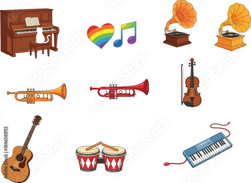 Cartoon music instruments set illustration with piano guitar violin trumpet drums gramophone keyboard isolated on white background colorful