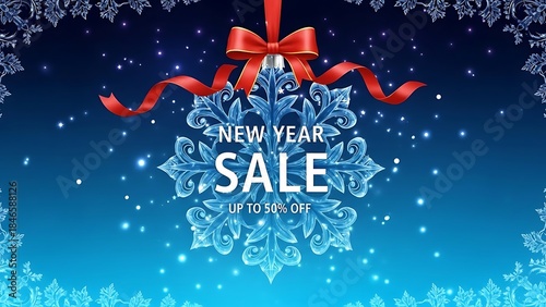 Festive new year sale banner featuring snowflake ornament and sparkling blue background