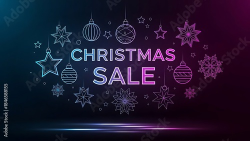 Neon christmas sale banner with glowing ornaments and stars on a dark background