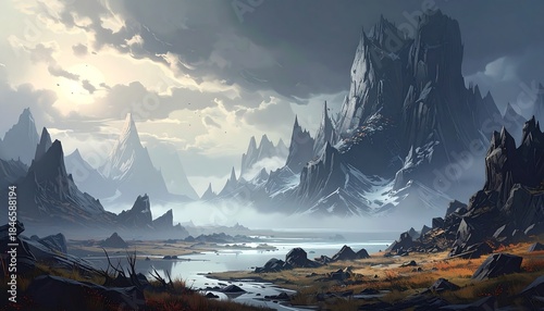 Dramatic landscape of jagged mountains, lake, and moody sky