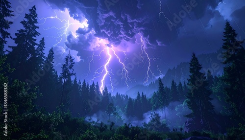 Dramatic lightning strikes illuminate a forest under a stormy, dark sky, creating a captivating natural scene