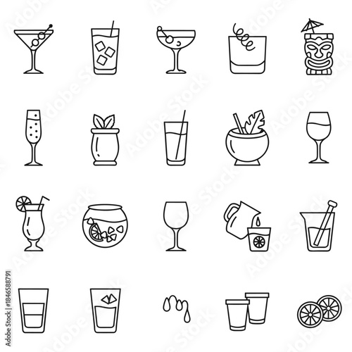 Cocktail & Bar Icon Set - Vector Illustration of Drink, Mixology & Glassware Outline Symbols
