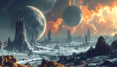 Dramatic, otherworldly landscape with large moons, jagged rock formations, and stormy sky, evoking a sense of desolation