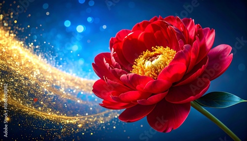 Dramatic red flower blossom with a golden light trail against a bokeh-filled blue background, vibrant and visually stunning