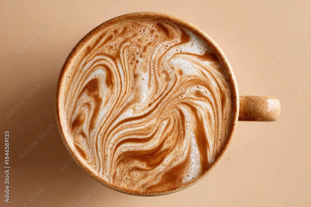 Fototapeta premium A visually appealing overhead shot of a warm, comforting beverage served in a rustic ceramic mug, resting on a clean, minimalist beige background. The surface of the drink showcases an exquisite displ