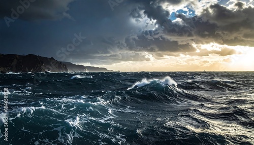 Dramatic seascape featuring churning blue waves beneath a cloudy, partially sunlit sky and dark, distant cliffs