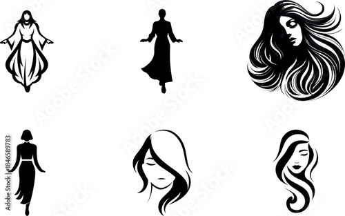 Five black and white female silhouette with flowing hair and dresses