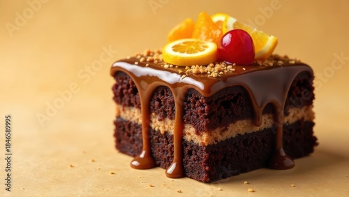A Decadent Chocolate Cake Slice Topped with Caramel Glaze and Citrus Fruits