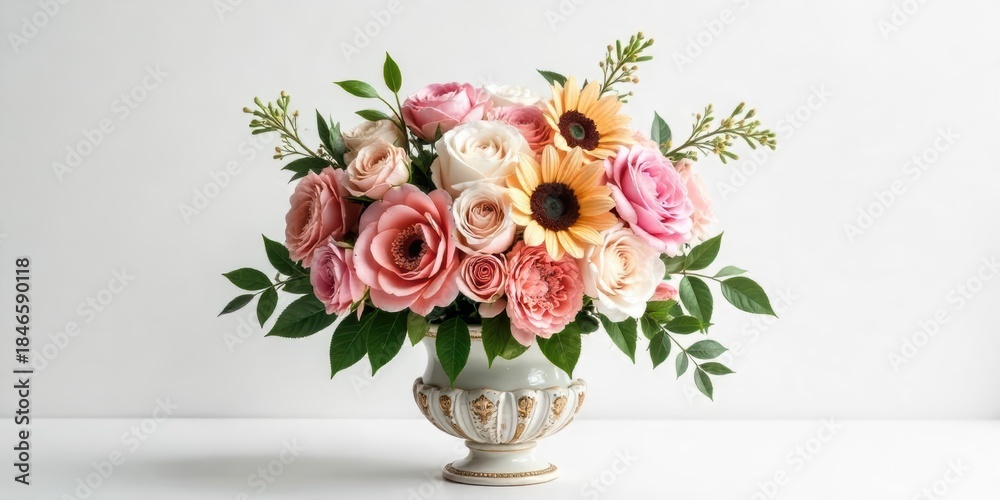Obraz premium Elegant pastel floral arrangement in an ornate vase, a delightful springtime centerpiece featuring roses and sunflowers
