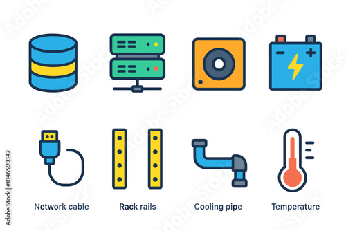 Data center and server room flat icons set