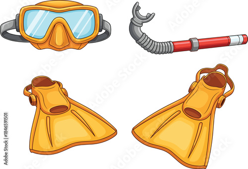 Scuba diving equipment illustration set with mask snorkel and fins, cartoon underwater gear collection isolated on white background