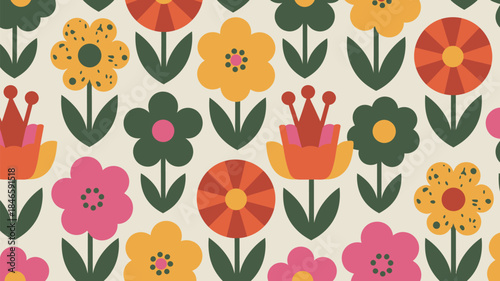 Vibrant floral pattern with colorful flowers and leaves on cream background