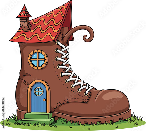 Whimsical boot house illustration with fairy tale architecture, cute fantasy shoe home cartoon design isolated on white background