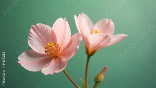Delicate Pink Blossoms Against a Soft Teal Background, a Study in Gentle Beauty and Natural Elegance