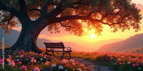 Serene Sunset Vista A Peaceful Park Bench Underneath a Majestic Tree's Canopy, Surrounded by Blossoming Flowers