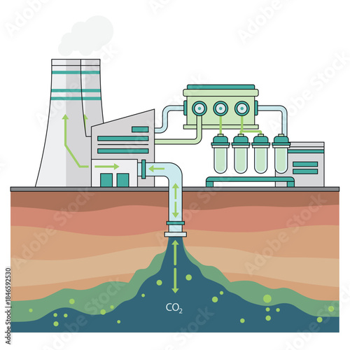 Industrial carbon capture and storage system showing CO2 transport, filtration, and underground injection for climate change mitigation and net zero technology