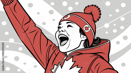 Excited woman wearing red Canadian winter gear cheering