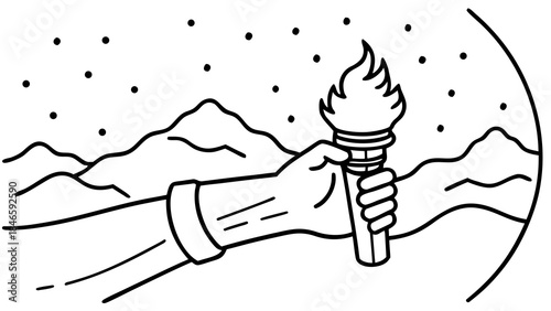 Hand holding torch with flame in front of snowy mountain landscape