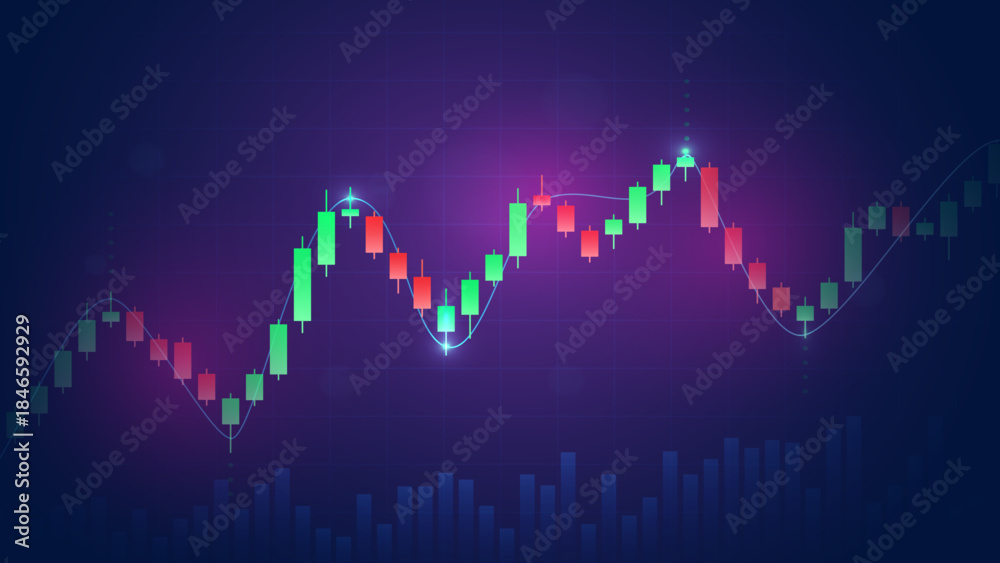 Naklejka premium A vibrant digital illustration of a financial market candlestick chart showing upward and downward trends against a dark blue background.
