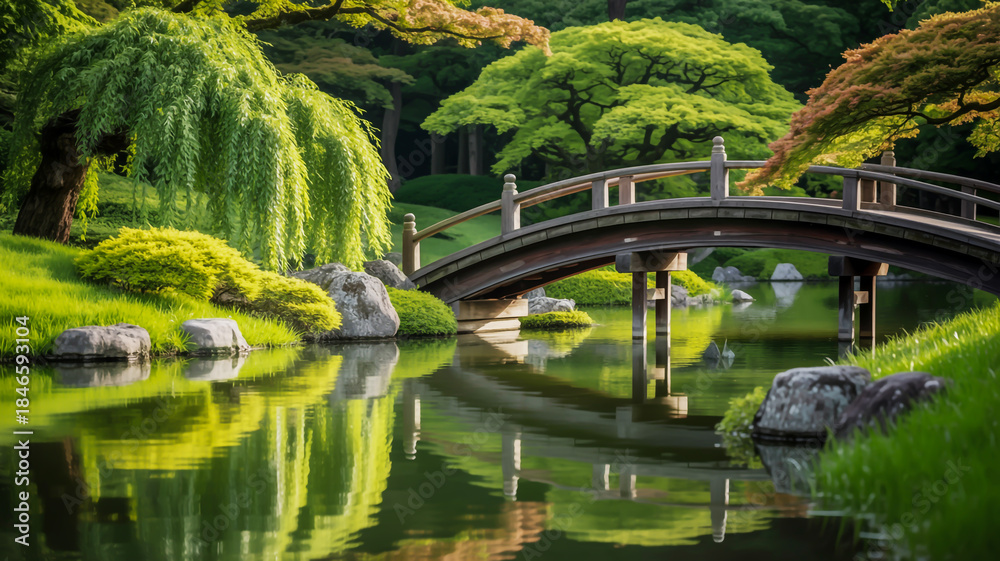 Fototapeta premium Tranquil japanese garden with arching bridge over reflecting pond