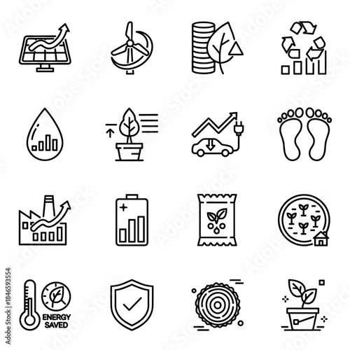 Sustainability & Green Tech Icon Set - Vector Illustration of Eco, Energy & Growth Outline Symbols