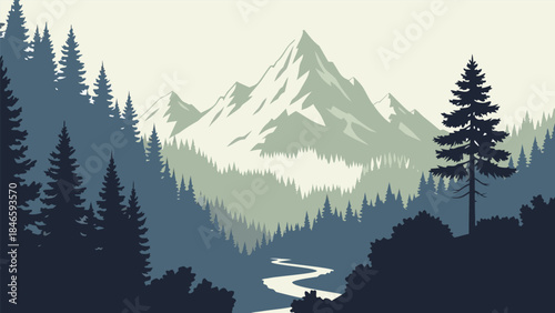 A serene mountain landscape with a winding river flowing through a dense forest under a hazy sky.