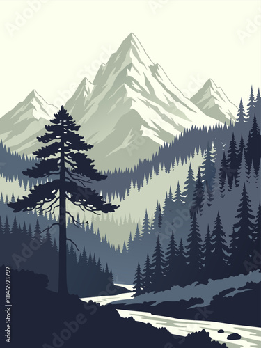 A majestic mountain range with a winding river flowing through a dense pine forest under a pale sky.