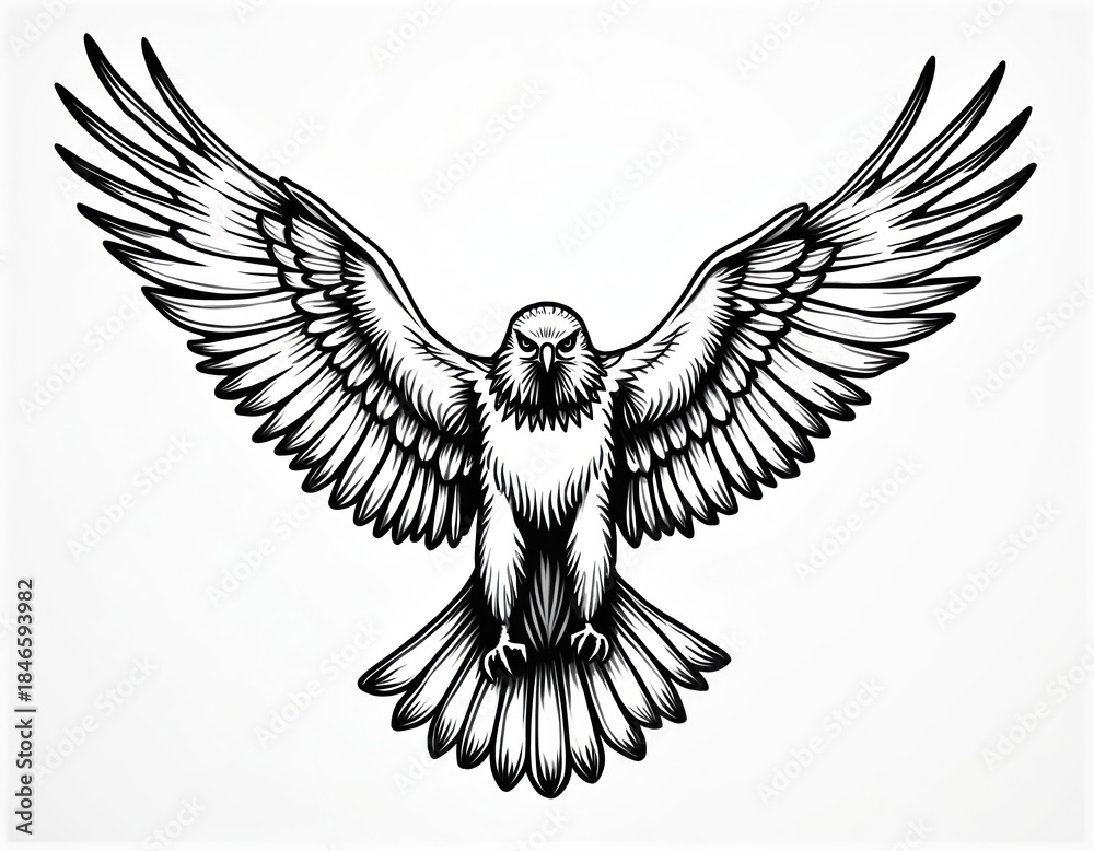 Fototapeta premium Black hawk bird line art drawing isolated on white background. Eagle with open wings illustration as tattoo design company logo. Powerful falcon symbol of freedom, strength. Graphic of wild animal in