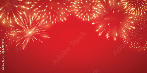 Fireworks explosions on red background with rich golden glow, festive celebration backdrop for Lunar New Year, Chinese New Year, Independence Day, Victory Day and anniversary events.