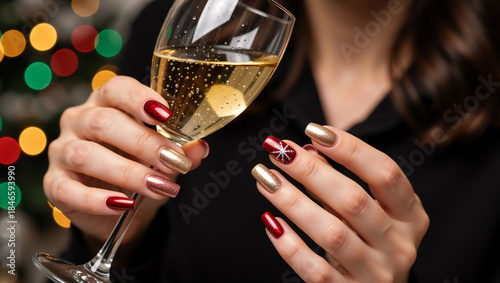 Woman demonstrating new year festive nails holding sparkling champagne. Elegant manicure features gold and red polish, one nail adorned with intricate snowflake design.