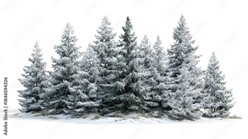 Fototapeta premium A group of snow-covered evergreen trees stands together in a winter landscape.
