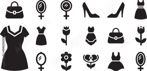 Fashionable women's clothing and accessories icons