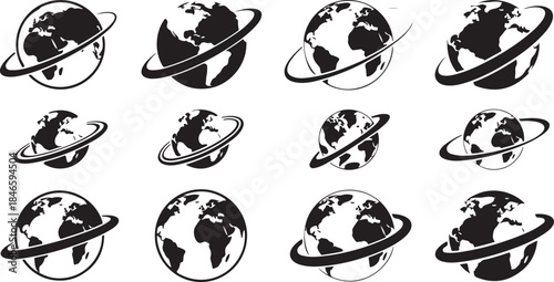 Black and white globe icons with rings on white background