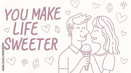 A smiling couple sharing a sweet moment with ice cream on a white background with hearts and leaves