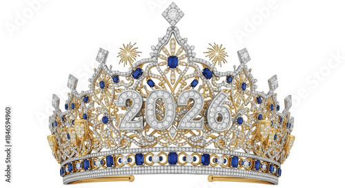 Ornate crown with diamonds and sapphires featuring the year 2026 isolated on transparent background