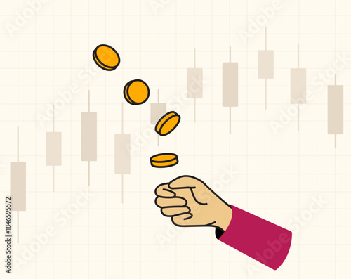 A hand tossing a coin and a stock market graph, an illustration of stock market unpredictability