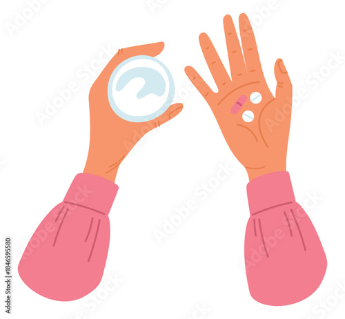 Womens hands holding clean water glass and pills. Pharmaceutical meds. Patient taking remedy. Arms with supplement capsules. Medical treatment of disease. Medicament dose. Vector concept