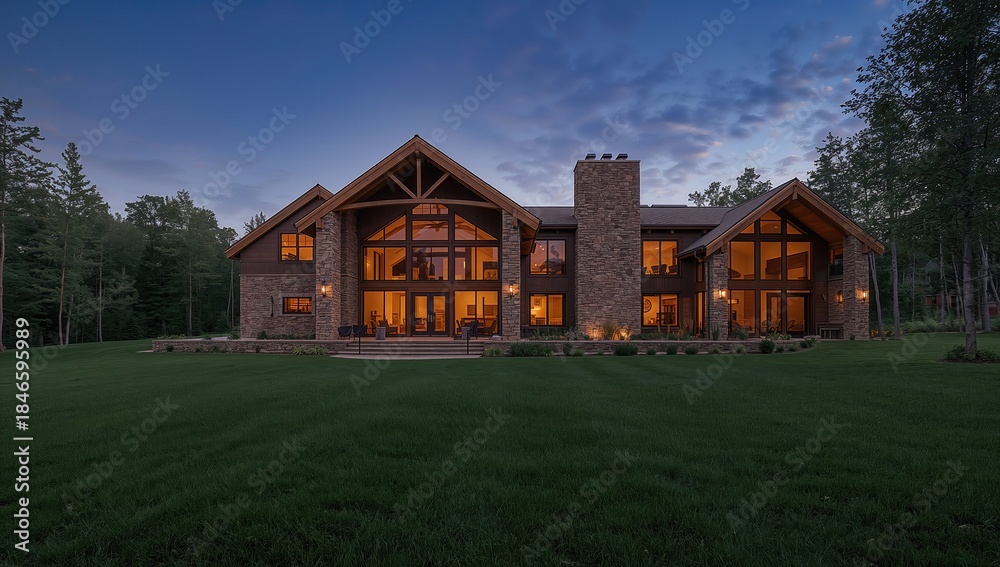 Obraz premium Scenic luxury log house at night, peaceful retreat and high-end holiday accommodation