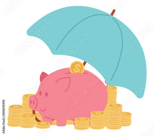 Pink piggy bank and gold coins under umbrella. Banking deposit insurance. Moneybox for cash. Profit protection cover. Financial safe. Vector concept of protecting savings or investment