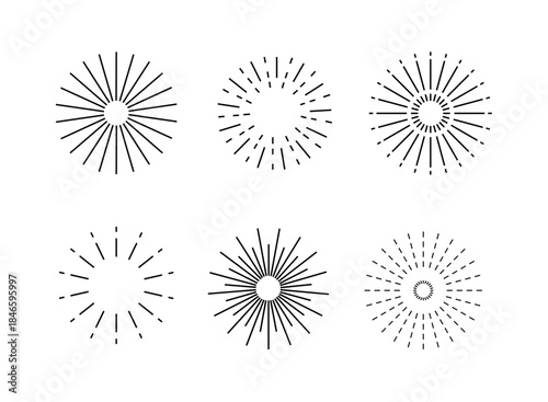Line firecrackers. Black radial firework linear sun icons, circular  fireworks starburst explosion with sparkles. Vibrant festive decoration, celebration design, overlay effect. Simple vector set