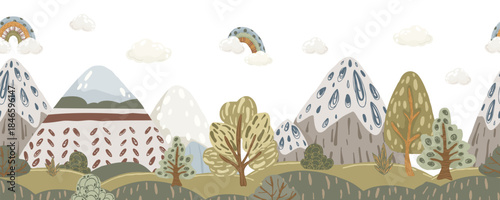 Mountain landscape seamless border, hand-drawn vector horizontal divider with trees, hills, and rainbows in neutral, muted colors for nursery wallpaper and banners.