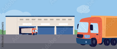 Large warehouse with cargo and trucks. Modern logistics company. Freight transportation or delivery. Lorries drive at storehouse garage. Distribution hub. Wholesale shipment. Vector concept