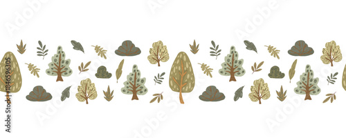 Abstract forest seamless border, hand-drawn vector horizontal divider with stylized trees, bushes, and leaves in earthy colors for packaging and nature themes.